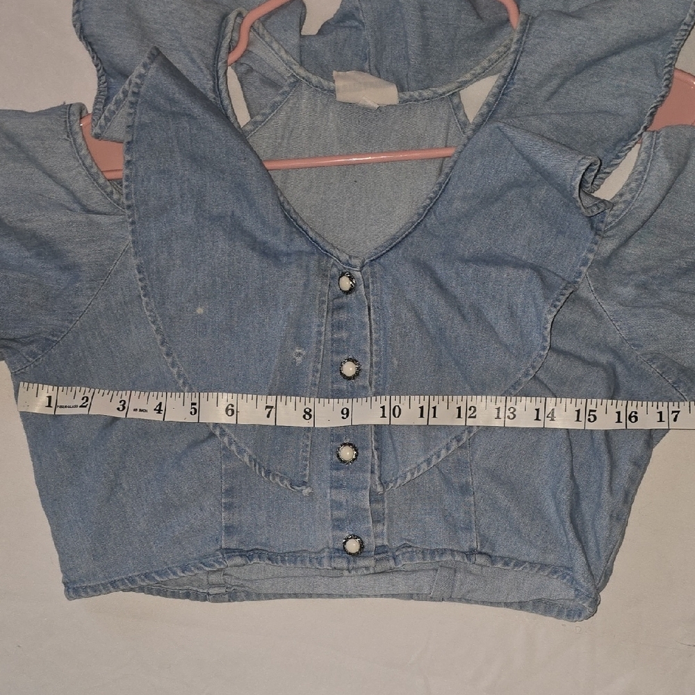 Light Blue Ruffle Denim Crop Top - Picture 12 of 14